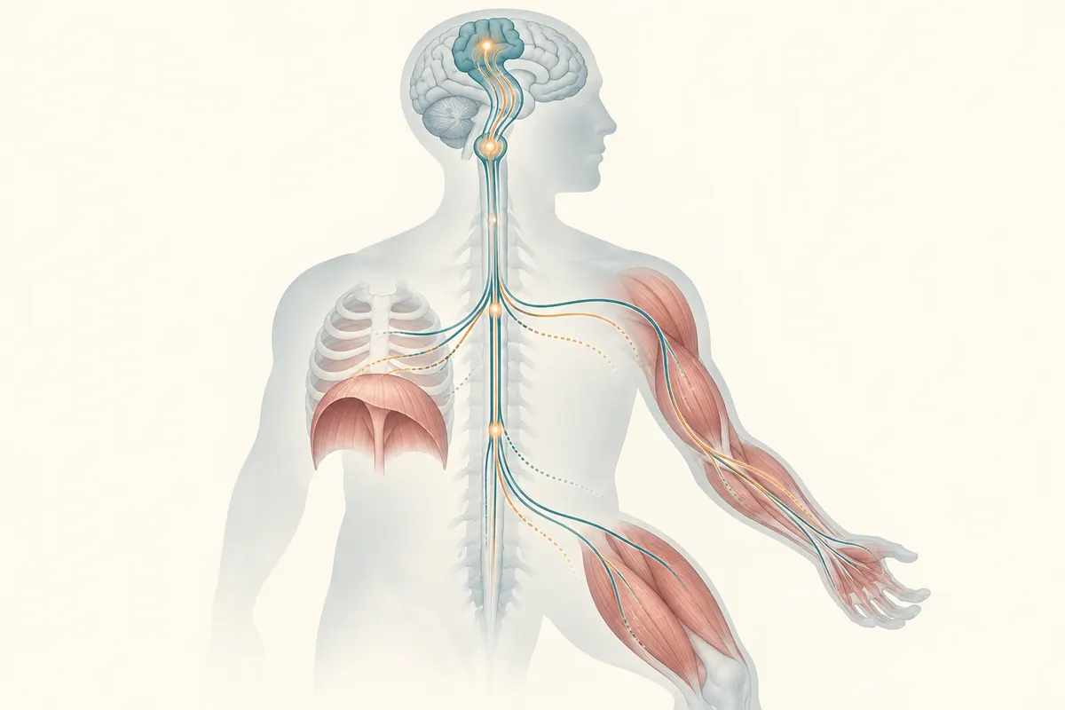 Conceptual view of motor pathways from brain and spinal cord to movement and breathing