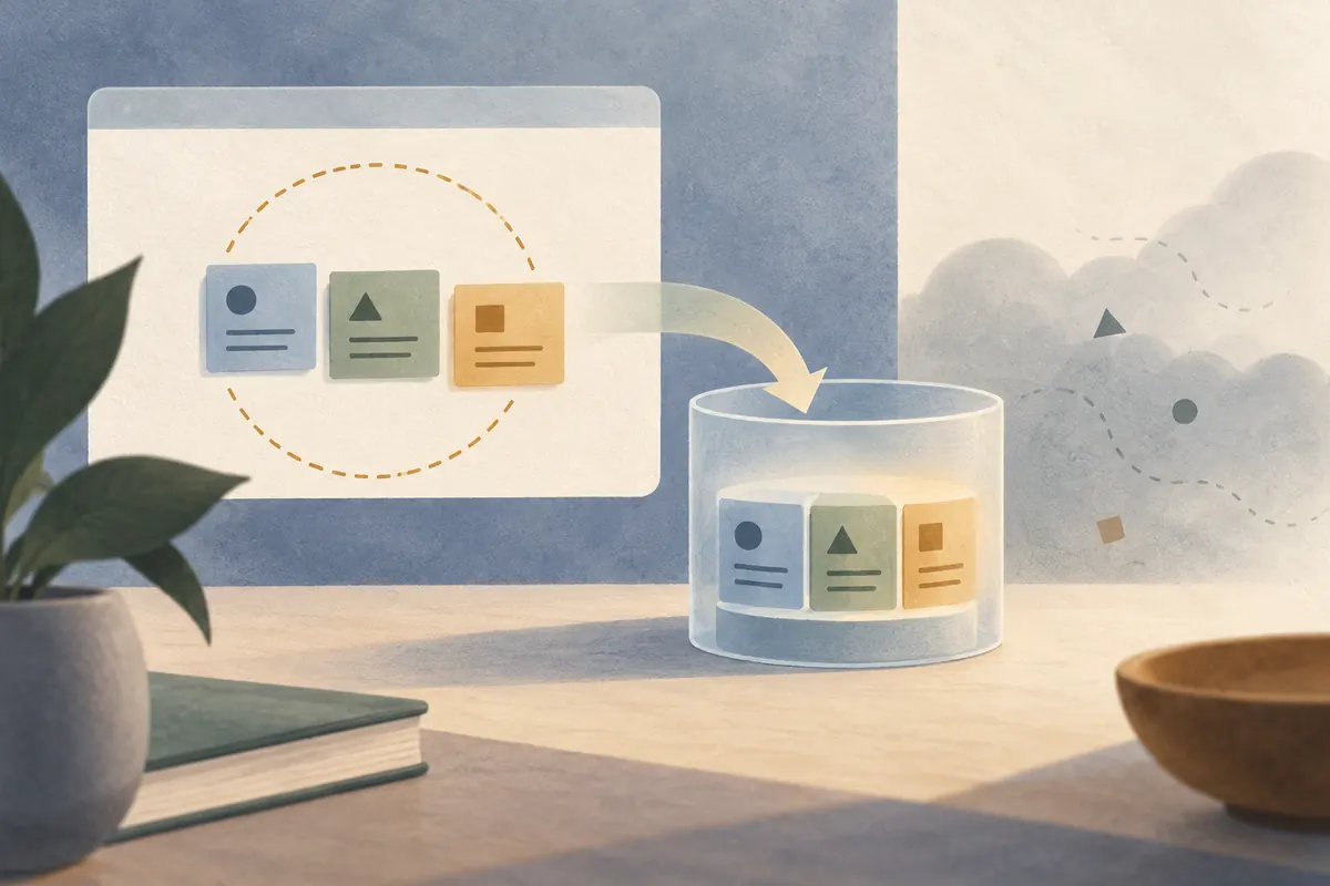 Conceptual illustration of document cards moving from a browser window into a cylindrical storage container