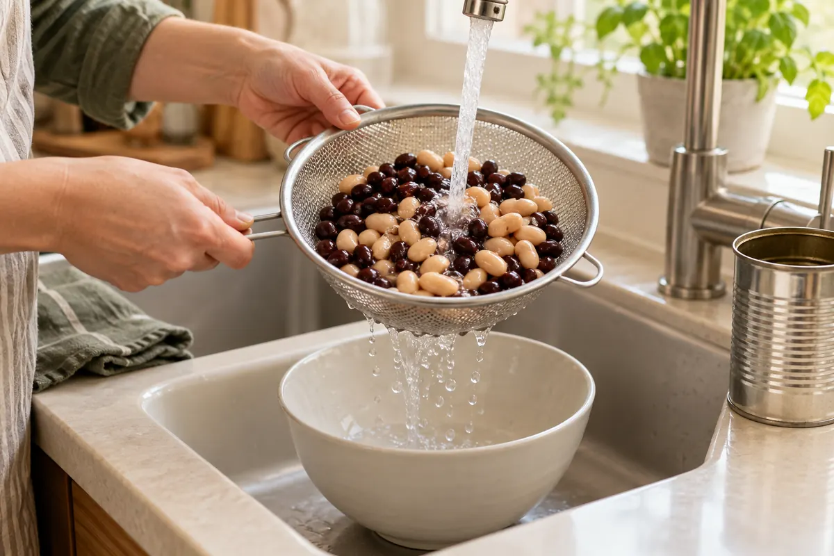 Concept illustration of draining canned beans and rinsing them under clean running water