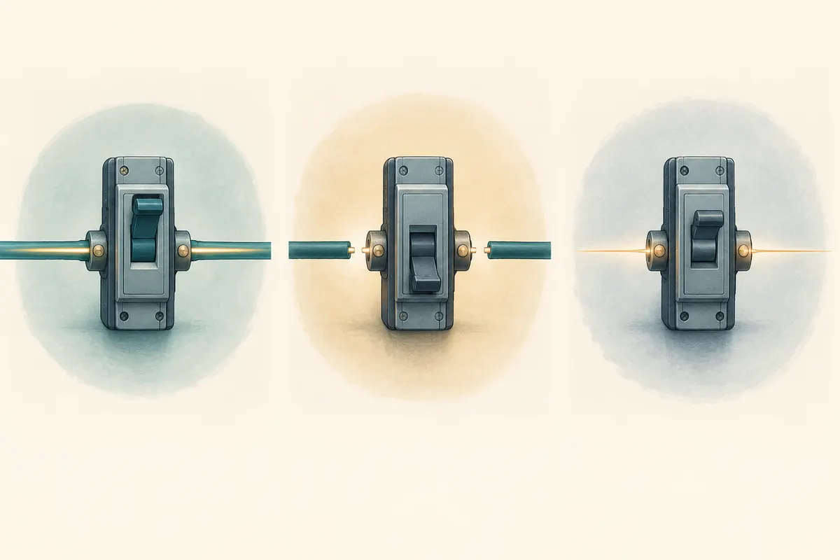 Conceptual illustration of three electrical switches with connected wires, a break between wires, and a small spark