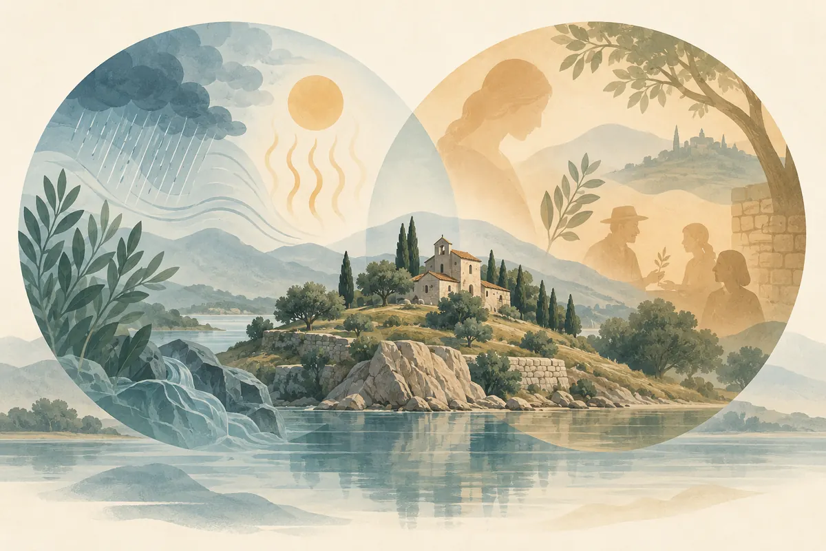 Conceptual illustration placing climate hazards beside the tangible and intangible values of a heritage place