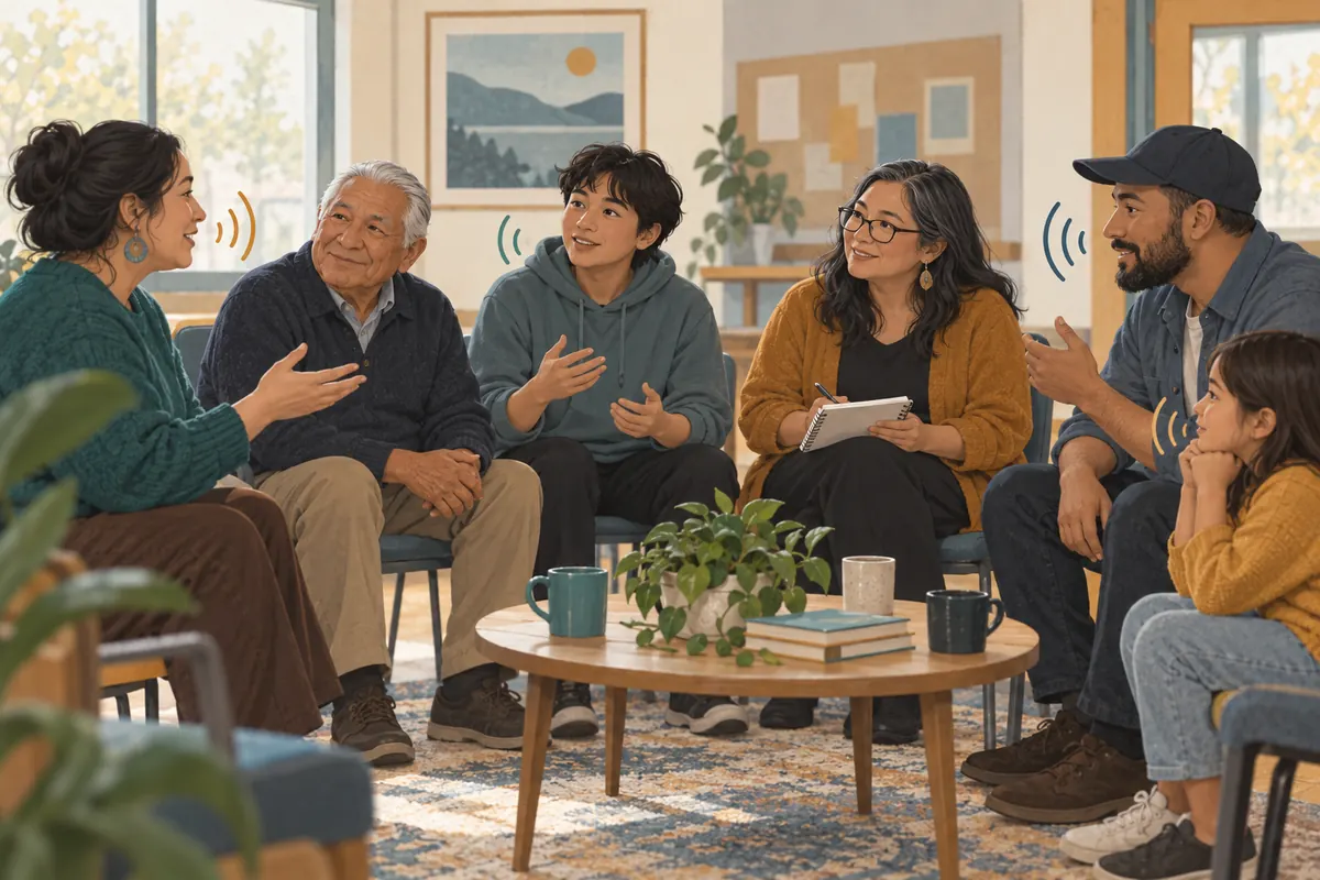 Community members recording everyday language use and intergenerational learning in an editorial illustration