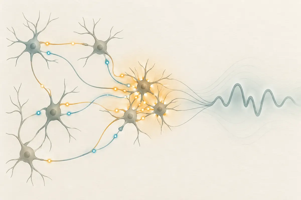Abstract neuroscience illustration of excitatory and inhibitory signals synchronizing across a neural network and contributing to an EEG field pattern