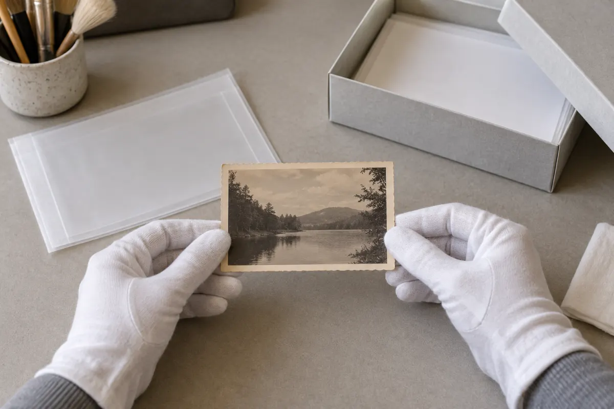 写真プリントを縁で支える様子を描いた中立的な保存作業の概念イラスト