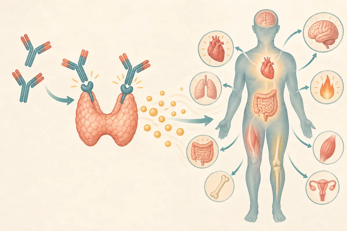 Concept diagram linking TSH-receptor stimulating antibodies in Graves disease with excess thyroid hormone and body-wide effects