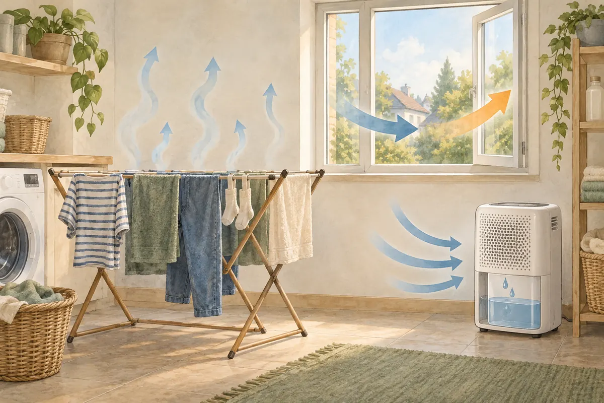 Concept diagram showing ventilation exchanging humid indoor air and a dehumidifier removing moisture during indoor laundry drying