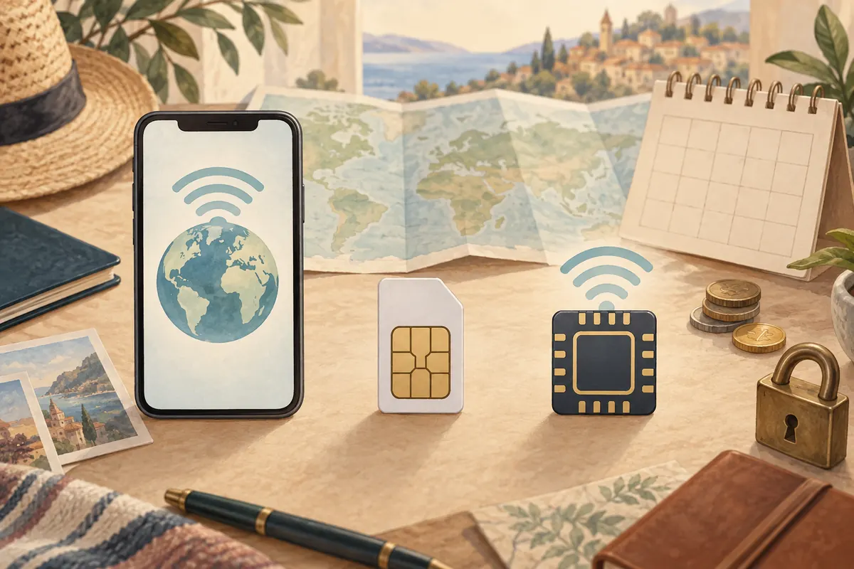 渡航先・滞在期間・対応範囲・料金を比べてローミング、現地SIM、eSIMを選び、端末の安全も確認する概念図