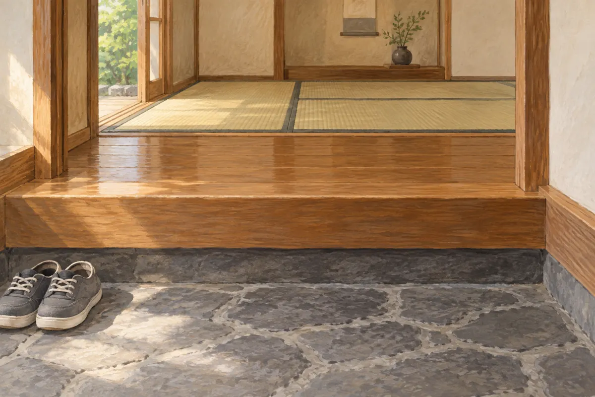 Generic illustration of the footwear transition from a recessed stone genkan to a raised wood floor and shoe-free tatami room; no bathing area or named inn is depicted.