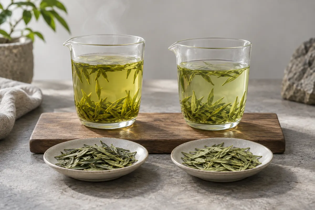 龍井茶の茶葉と澄んだ茶を入れた二つの茶碗を並べた説明用画像