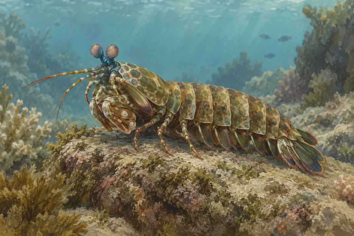 Illustration of a generic mantis shrimp resting on a reef rock