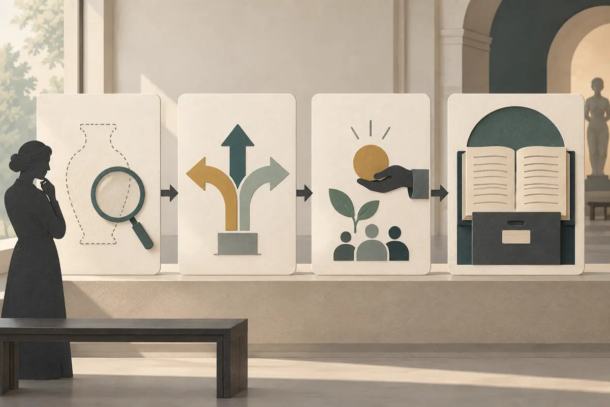 Museum decision flow separating deaccession, later disposition, and proceeds, with permanent records