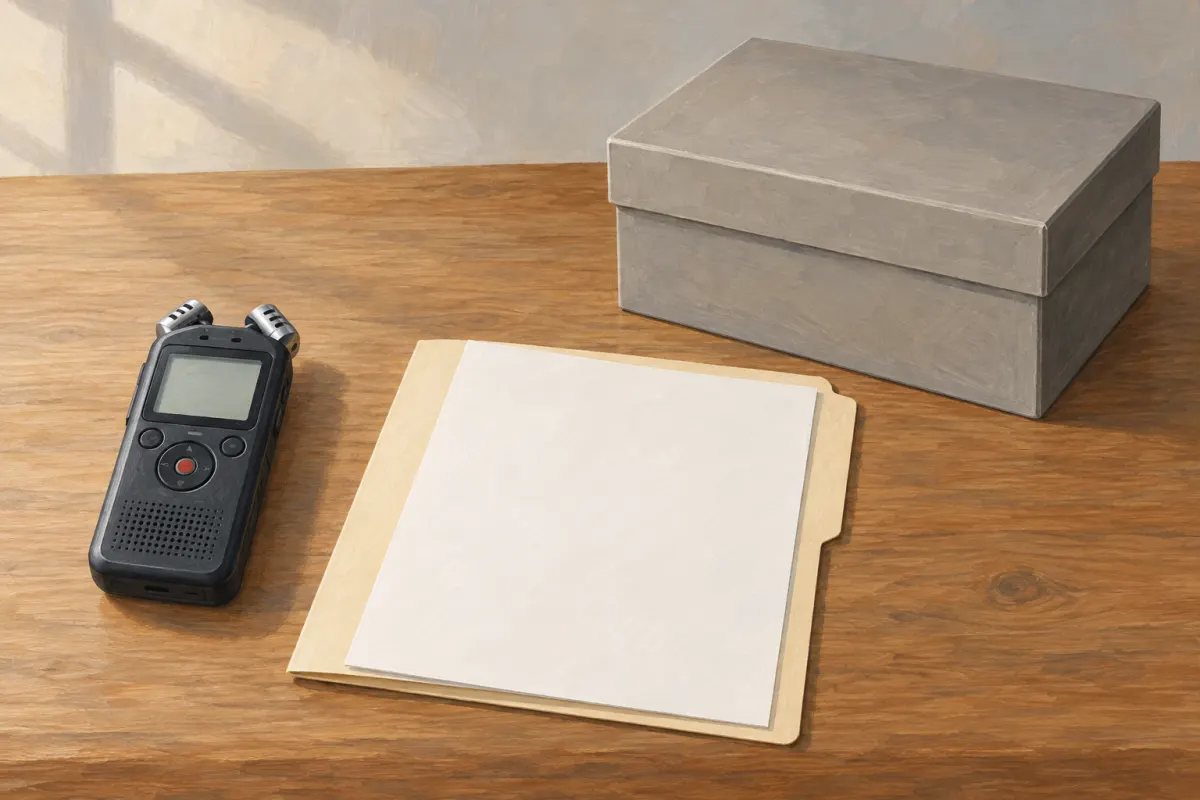 Conceptual illustration of a recorder with a blank display beside a blank sheet on a plain folder and a closed archival box; it does not prove consent or backup.