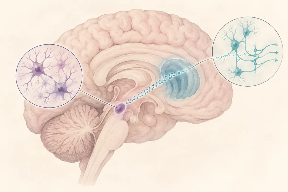 Conceptual brain diagram linking substantia nigra dopamine neurons with the striatal motor circuit