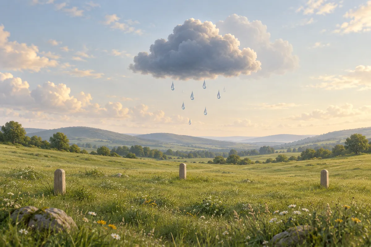 Conceptual clouds and raindrops above separated location markers