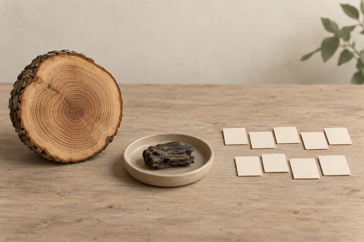 Conceptual arrangement of wood growth rings, a separate organic sample and blank calendar tiles
