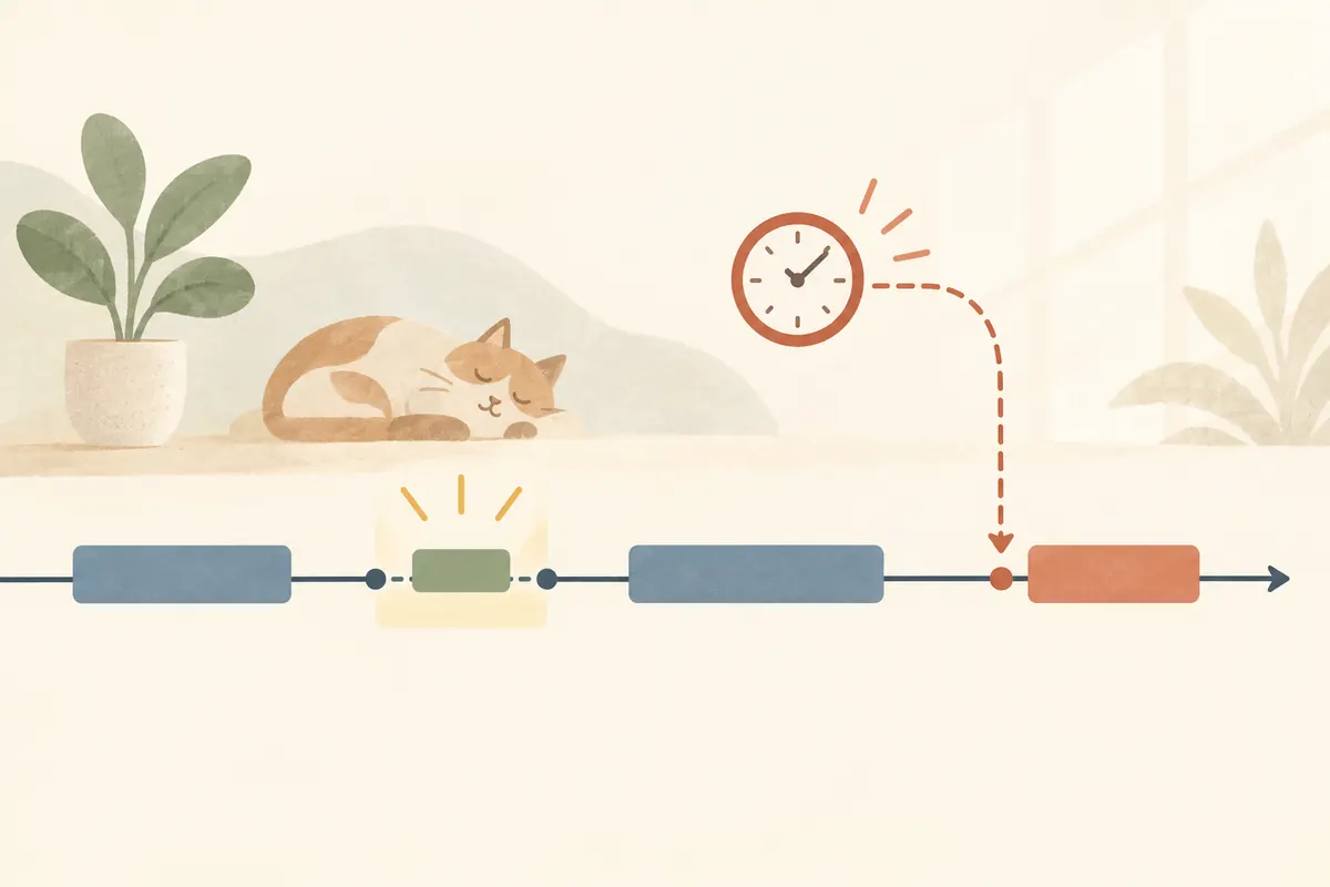時計、眠る猫、横線上に並ぶ色付きブロックを描いた概念イラスト