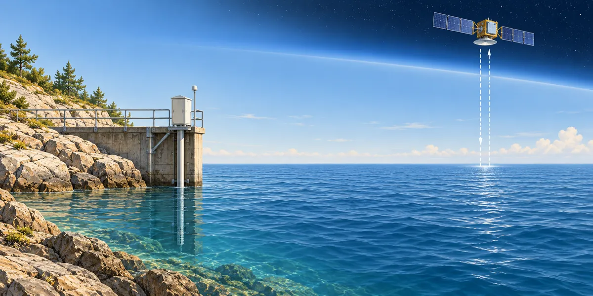 陸地を基準にする潮位計と海面までの距離を測る衛星を比べた概念図