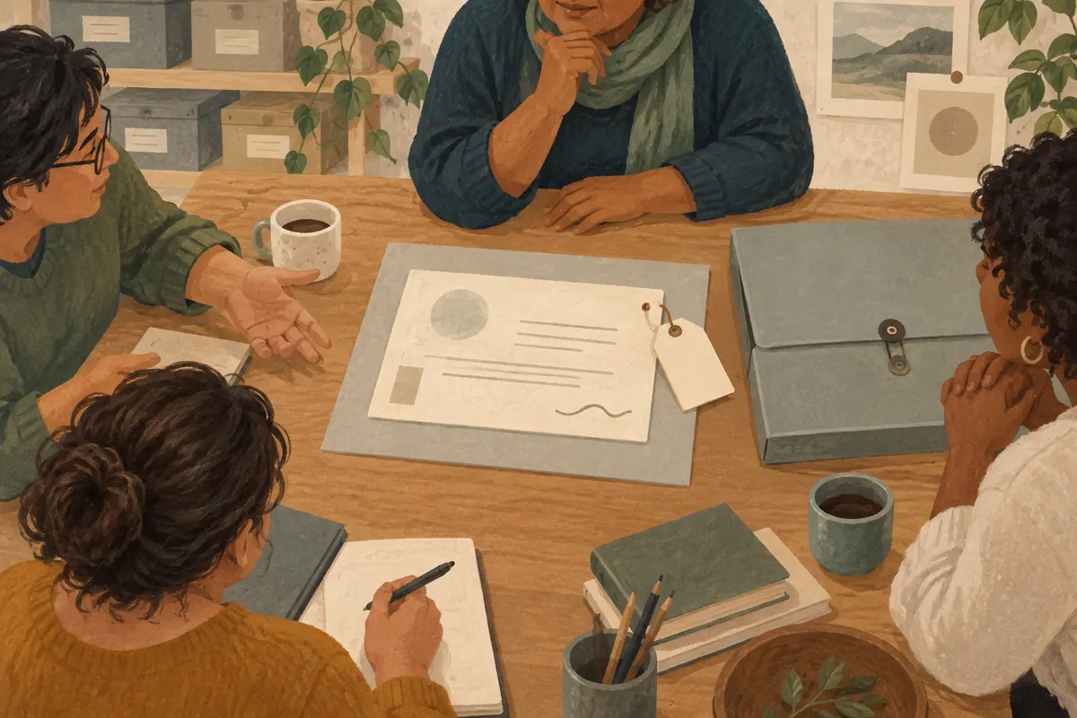 Conceptual illustration of community members reviewing a record card and a blank tag together