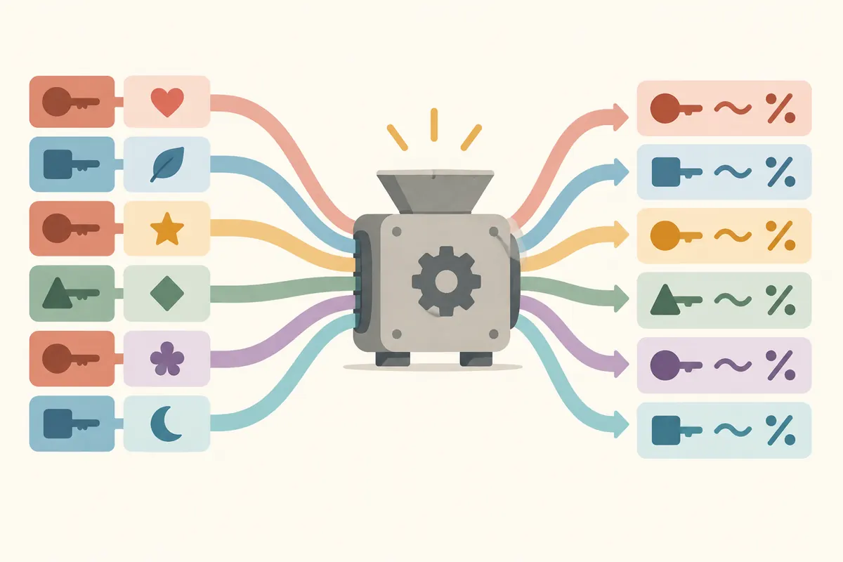 Colored key-and-shape cards enter a gray central machine and emerge with symbols