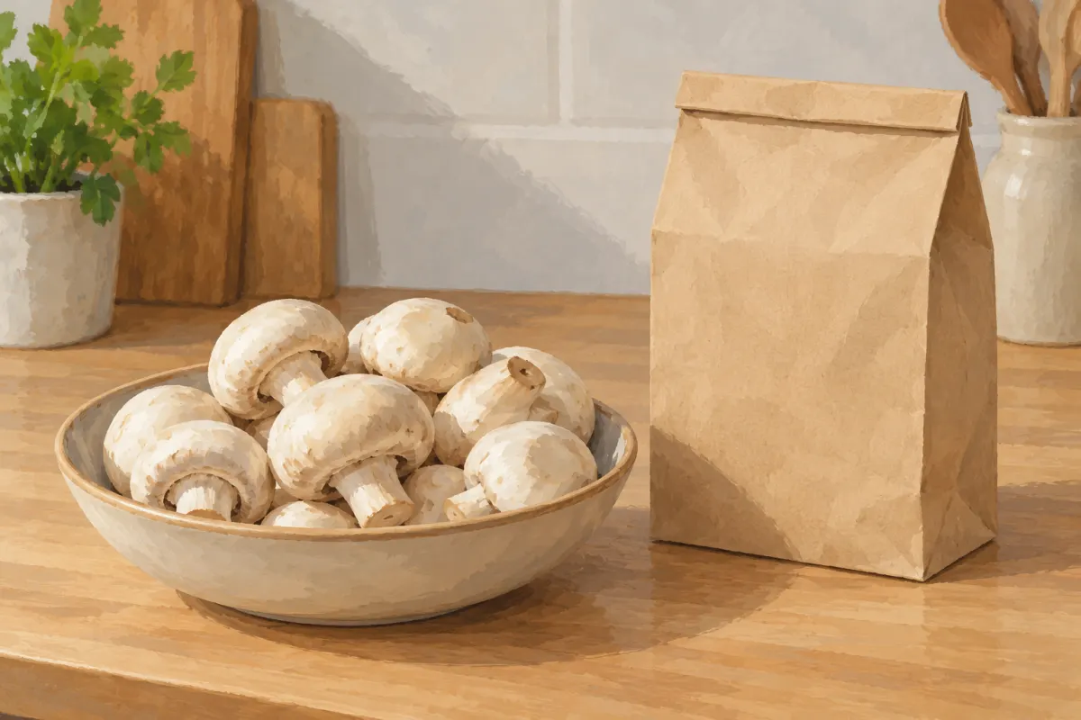 Illustration of mushrooms in a bowl beside a blank paper packet in natural daylight