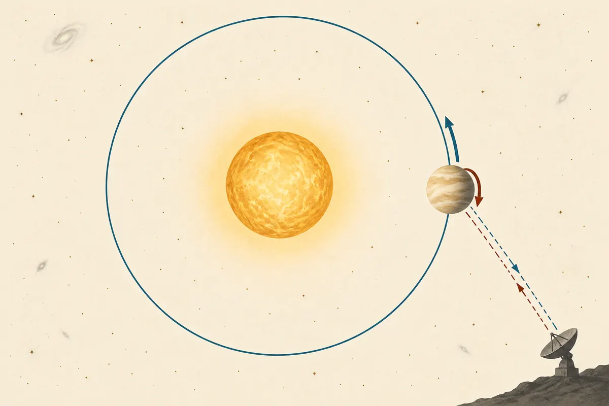 Conceptual illustration of Venus’s spin and orbit alongside radar observation