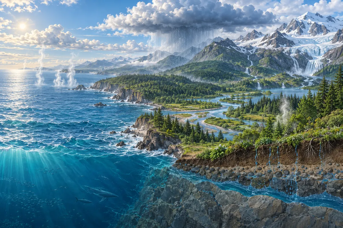 Conceptual diagram of water reservoirs and pathways across atmosphere, ocean, and land