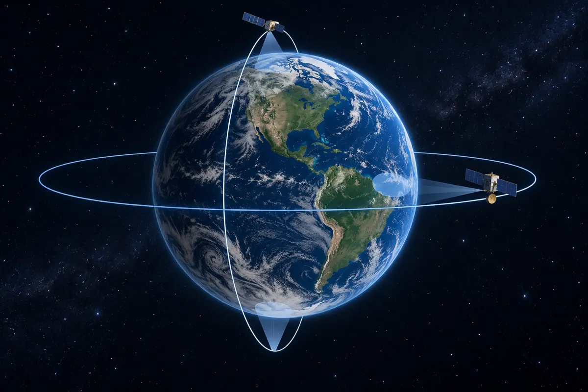 赤道上空にとどまる静止気象衛星と高緯度を横切る極軌道衛星、それぞれの観測範囲を示す概念図