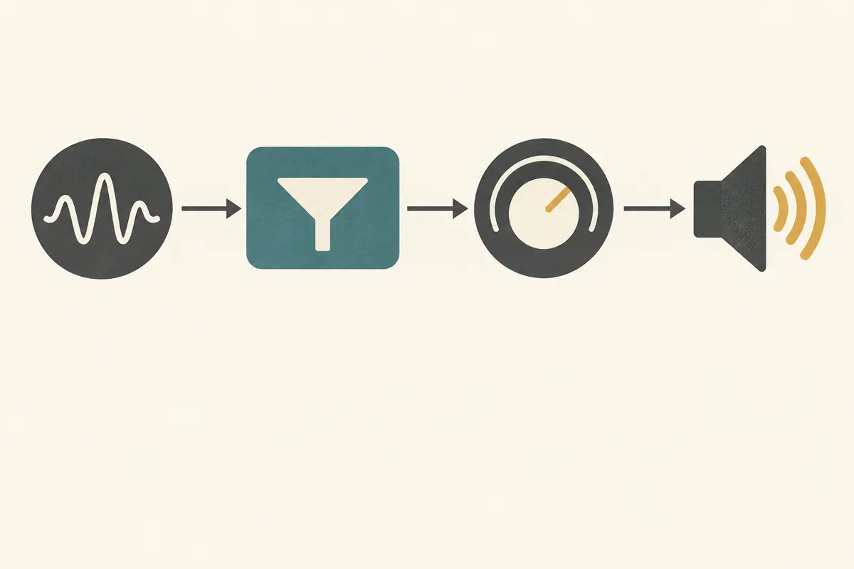Concept diagram of an audio source routed through filter and gain nodes to an output