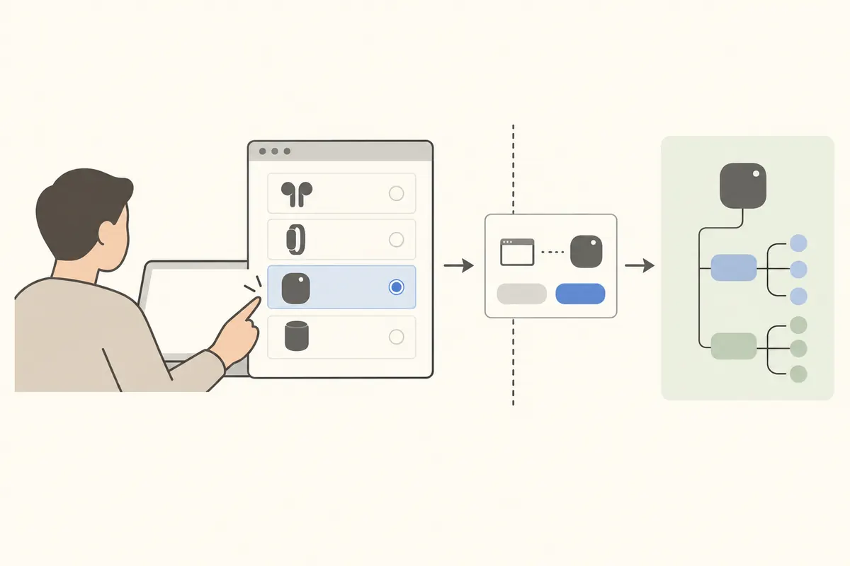 Concept diagram of a user selecting a BLE device in the browser chooser and connecting to a GATT service