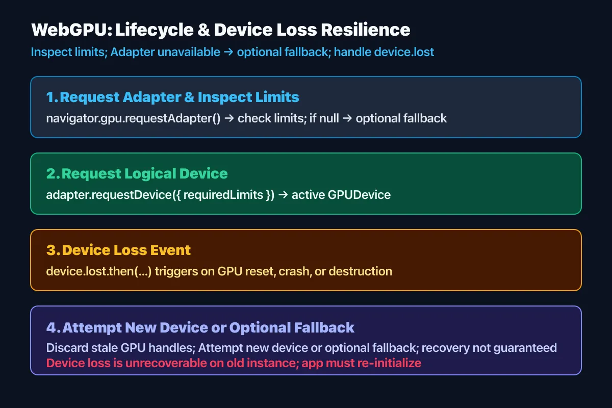 WebGPU flow checking adapter features and limits, requesting a device, and responding to device.lost by attempting a new device or fallback