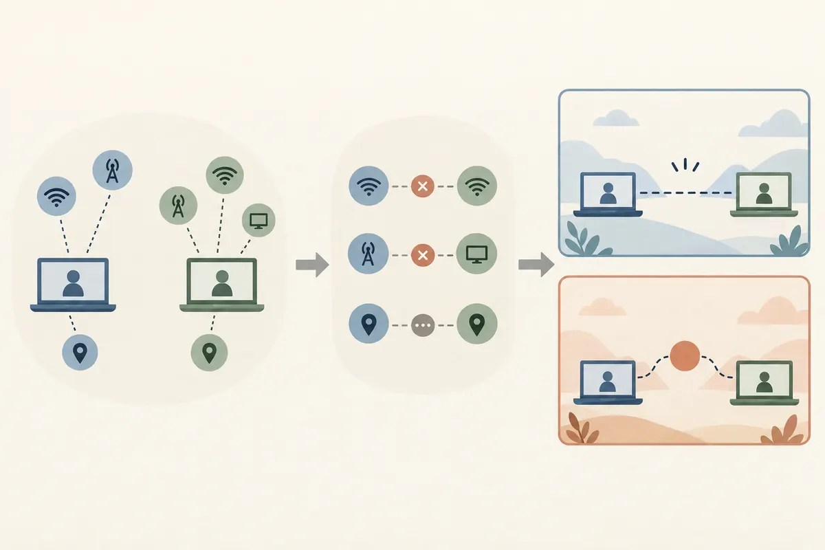 Concept diagram showing candidate gathering, pair checks, and a selected network path in WebRTC ICE diagnosis