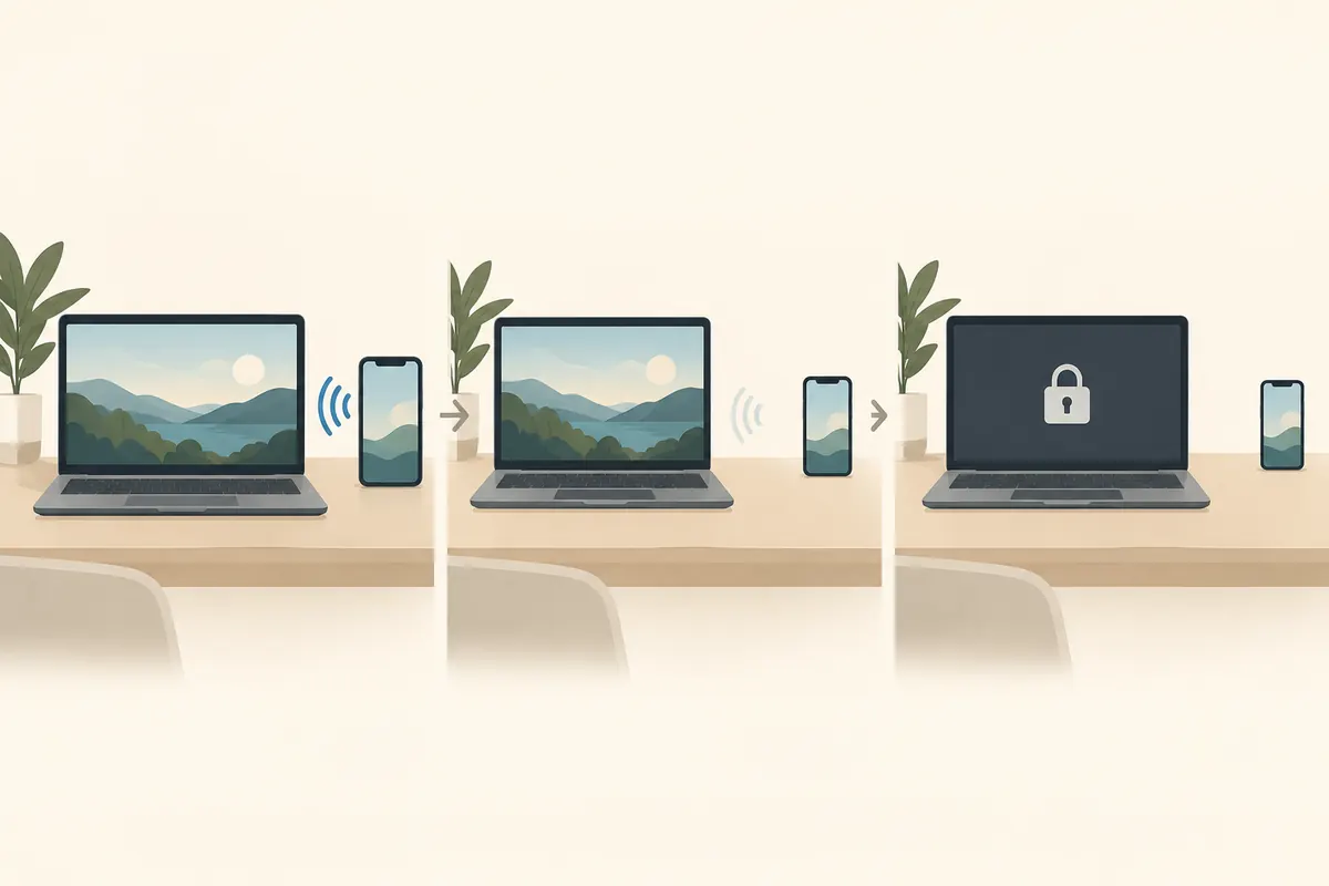 PC와 페어링된 휴대전화의 Bluetooth 신호가 약해지고 유휴 PC가 잠기는 개념도