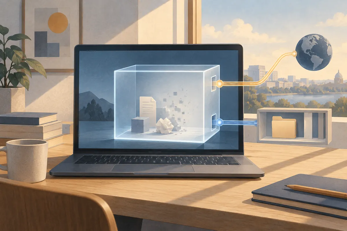 가상화 경계 안의 임시 Windows Sandbox 세션과 종료 후 폐기를 보여주는 개념도